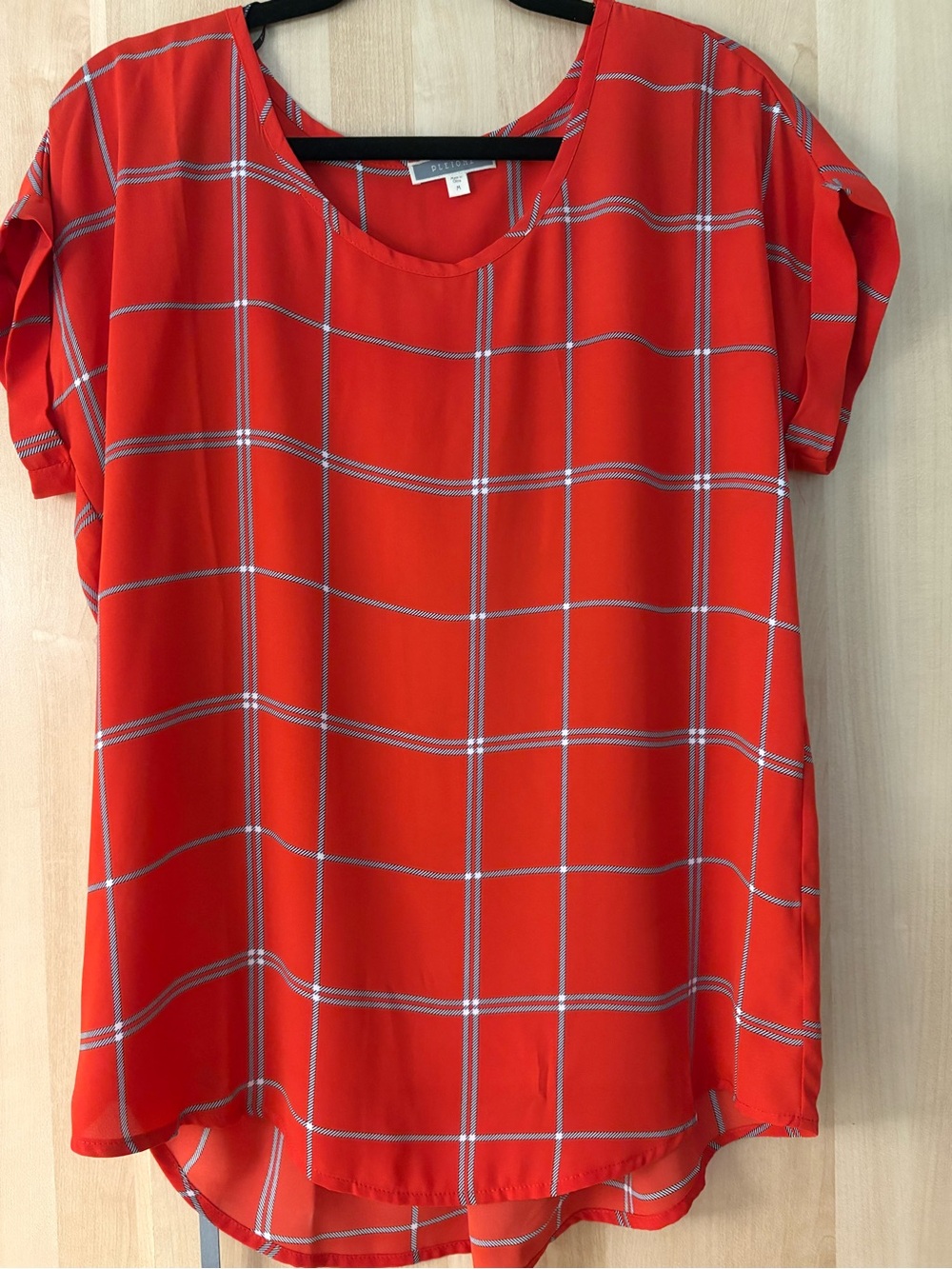 Red Windowpane Short-Sleeve Tunic Blouse - Women